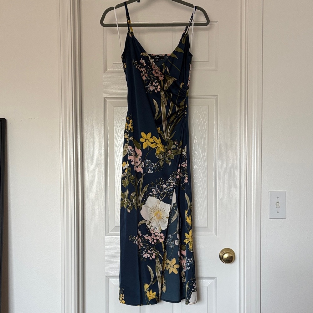Lulu's Remarkable Entrance Navy Blue Floral Print Satin Midi Dress